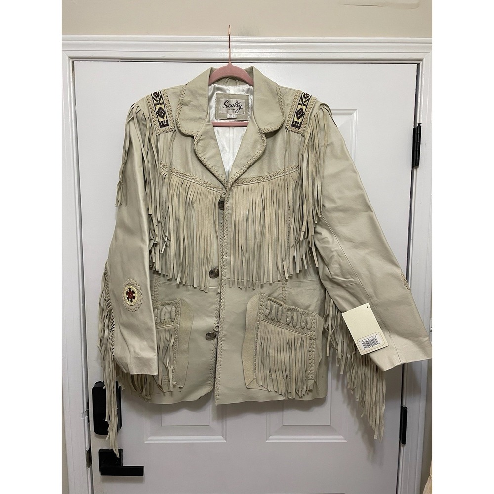 VTG Scully Cowboy Beaded Fringe Leather ivory Jacket Men's 46 Western Wear